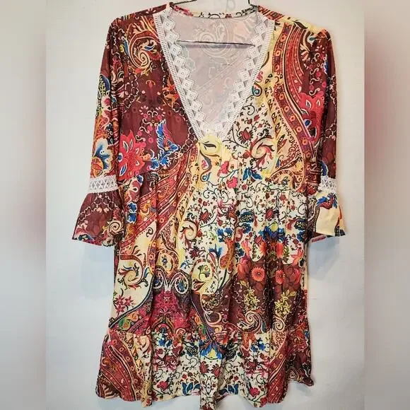 New Fall Colorful Dress Flowy Boho V-Neck Beach Dress Size L - Picture 9 of 9